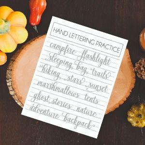 camping themed hand lettering practice sheets